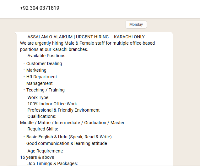Report attachment 1 for Received a message on whataspp relating to a job offer.
